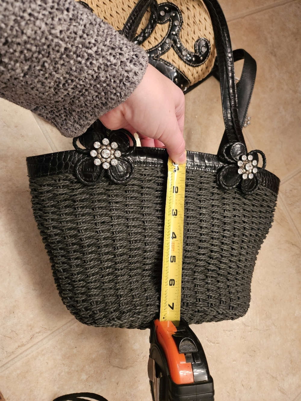 Brighton Black Woven Tote with Rhinestone Flower Accents - Picture 6 of 7